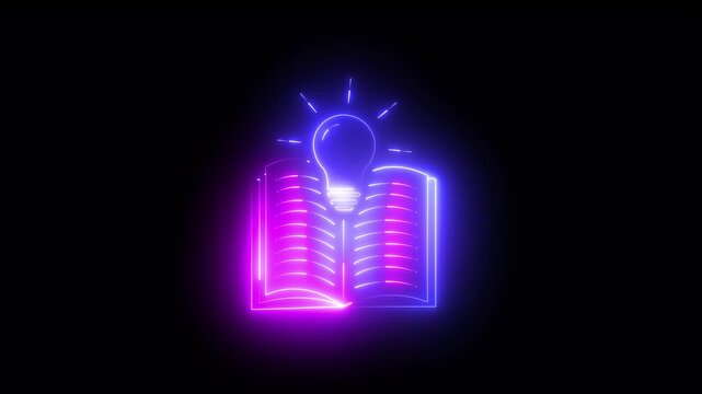 Neon Open Book with Light Bulb Icon &ndash; Education and Knowledge Discovery abstract, vision, intelligence teaching, literacy wisdom discovery.