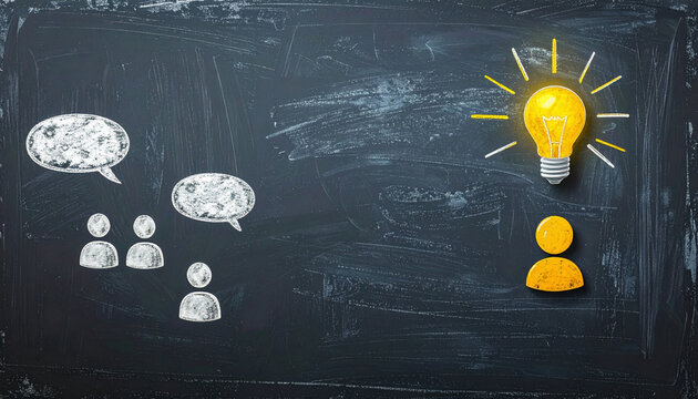 Three chalk drawn people with speech bubbles on blackboard, one yellow figure with glowing light bulb above head symbolizing innovation, creativity, brainstorming, and unique idea concept