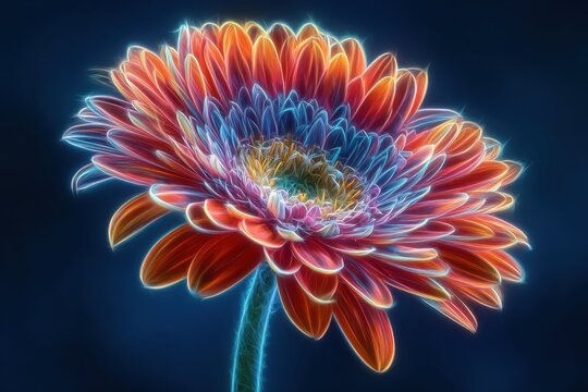 Digitally enhanced gerbera flower with glowing neon edges against a deep blue background. Bold and expressive floral artwork combining natural form with modern digital effects