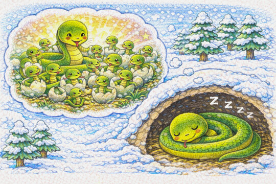 Children&rsquo;s illustration of a sleeping snake in a winter burrow dreaming about a warm nest filled with baby snakes hatching from eggs. Colored pencil style artwork showing