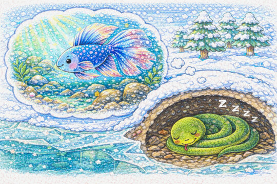 Children&rsquo;s illustration of a sleeping snake in a winter burrow dreaming about a colorful fish swimming in a bright underwater world. Colored pencil style artwork showing