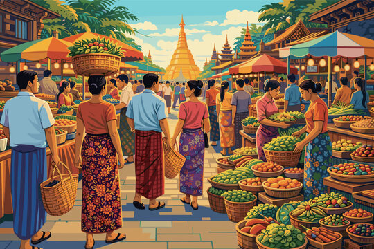 Vibrant Traditional Market in Myanmar with People and Golden Pagoda