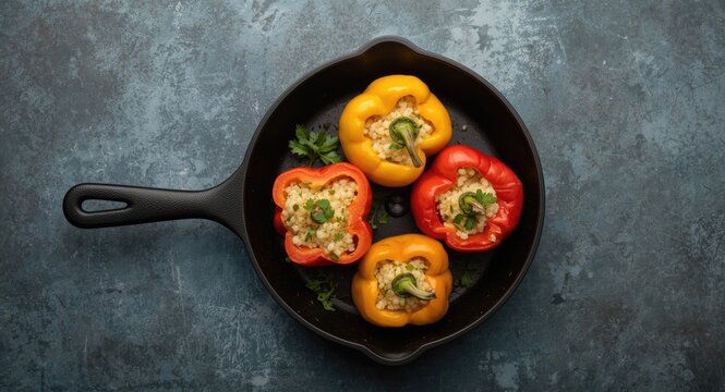 Flat lay of vegetable couscous filled peppers placed inside a cast iron frying pan