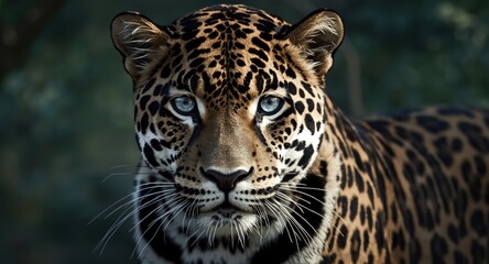 Obraz premium Black and white jaguar featuring clear blue eyes under daylight