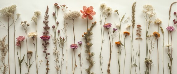Pressed antique wildflowers arranged neatly on white surface with high quality imaging