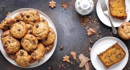 Sampler plate of pound cake cookies muffins and cake slices