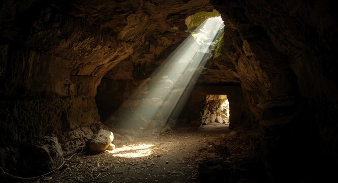 Ancient tomb illuminated by sunlight streaming through the entrance