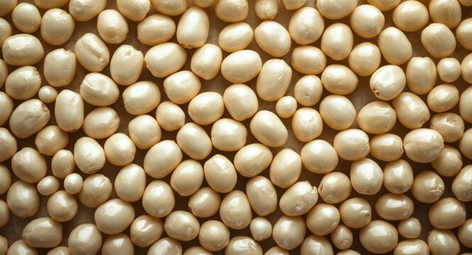 Close up grocery store image of multiple pale white navy and pearl haricot beans