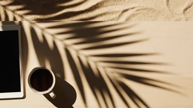 Relaxing Workspace with Tablet and Coffee Cup on Sandy Beach Under Tropical Sunlight