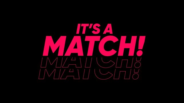 Tinder it's a match animated overlay. Dating app mutual like notification. Digital pure romance and relationship success. Find a pair motion graphic template. Falling in love. MOV with Alpha.