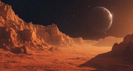 Obraz premium Extraterrestrial environment illustrating an orange earth with rugged mountain formations and a celestial starfield