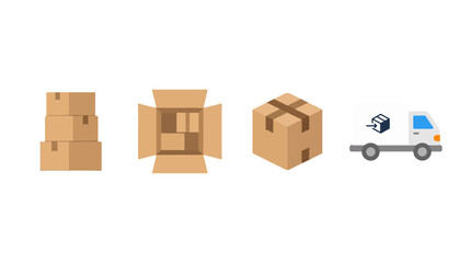 Fototapeta premium Flat design icons stacked open and closed brown cardboard boxes plus a white delivery truck.