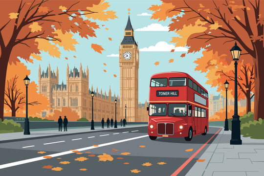 London Big Ben and Red Double Decker Bus in Autumn