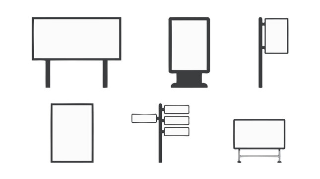 Minimalist vector icon set of blank outdoor advertising signs including billboards kiosks and directional signposts.