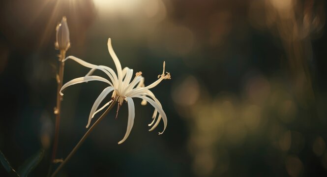 White spider flower cleome spinosa with muted blurred garden