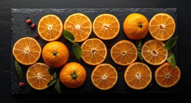Birds eye capture of fresh orange halves and complete fruits arranged on a sleek black slate