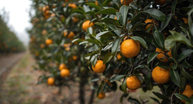 Organic orange orchard during winter harvest with ripe fruit