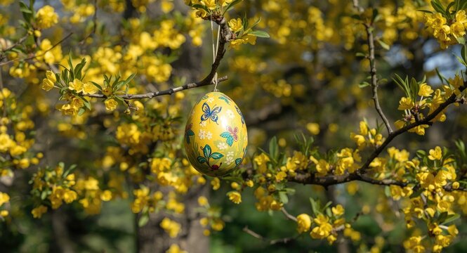 Festive Easter egg display on a sunny laburnum tree in spring