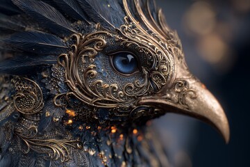 Fototapeta premium Close up of ornate mythical bird head featuring intricate golden filigree and deep blue feathers, concept for fantasy book covers, luxury jewelry design and majestic wall art wallpaper