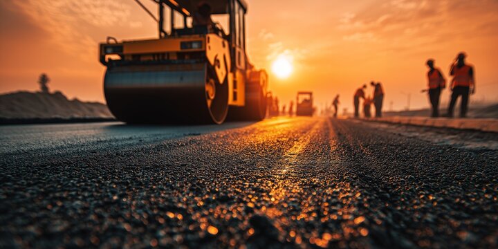 Heavy asphalt roller machine and civil engineering project managers paving a new highway during sunset, concept for infrastructure development, urban civil engineering and industrial growth