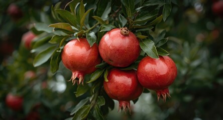 Obraz premium Fruit heavy pomegranate tree with ripe juicy produce ready for gathering