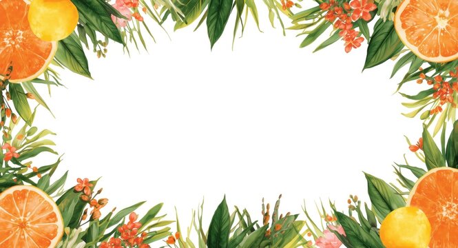 Holiday themed watercolor frame with tropical citrus fruits and botanical floral elements