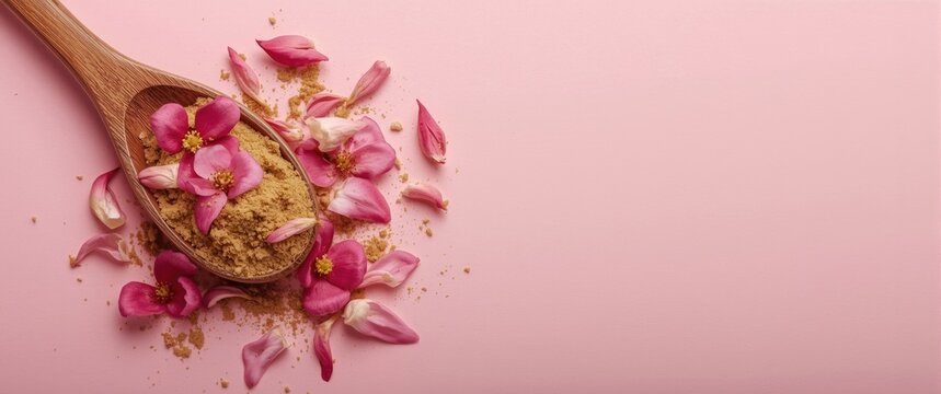 Organic ground Rhodiola Rosea root and fresh flower petals arranged in a wooden spoon on a plain background