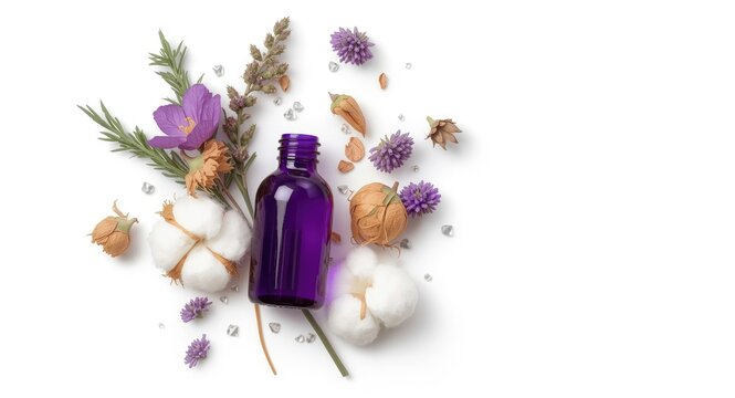 Purple bottle containing essential oil with assorted dried flowers and cotton balls against a white backdrop