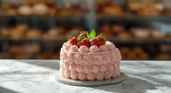 Gourmet bakery showcasing fluffy strawberry cake with luscious icing on marble tabletop