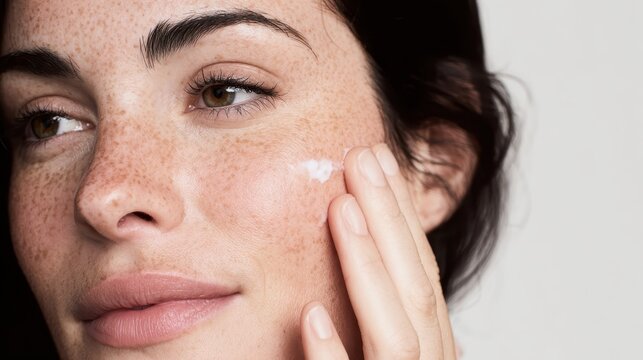 Woman with natural freckles applying moisturizing cream to her cheek for daily skincare routine, focusing on health, beauty, and hydration close up