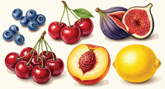 Illustration of assorted fresh fruits including blueberries, cherries, figs, peaches, and a lemon on a plain background.