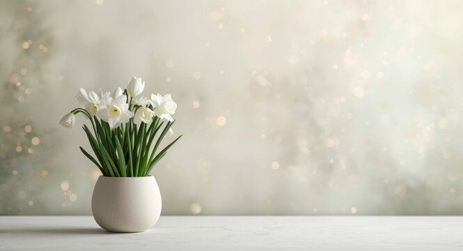 Delicate white paperwhite narcissus bulbs blooming in an organized winter display