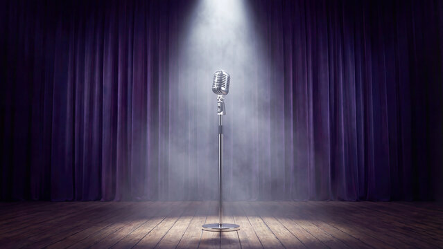 Vintage microphone on stage with purple curtain and spotlight