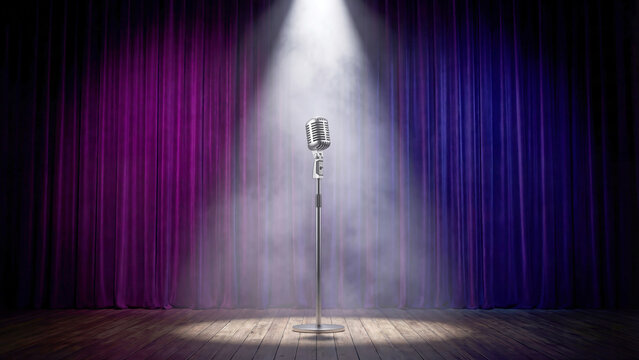 Vintage microphone on stage with purple curtain and spotlight