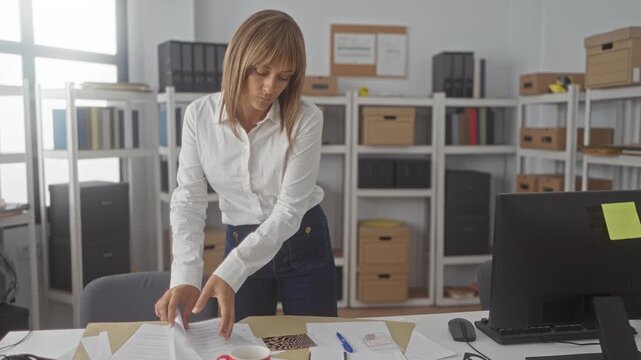 Woman leaning over desk with hands on scattered papers and a coffee mug, sorting documents near a computer monitor in an office building; concentration.