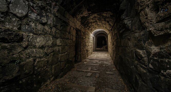 Old stone walkway inside a forgotten cellar leading to secret catacombs for moody scenes