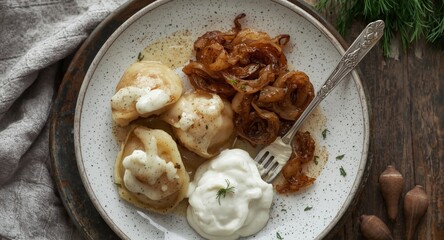 Fototapeta premium Rustic potato stuffed dumplings alongside dill roasted onions and tangy sour cream sauce