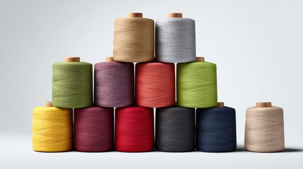 Colorful yarn spools arranged in pyramid shape on plain background. Bright hues include red, green, blue, yellow, and neutral tones. Ideal for crafting, textile, or creative design projects