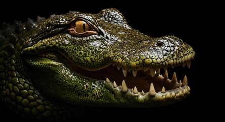 Obraz premium fierce green alligator head close up revealing sharp teeth and glowing yellow eyes