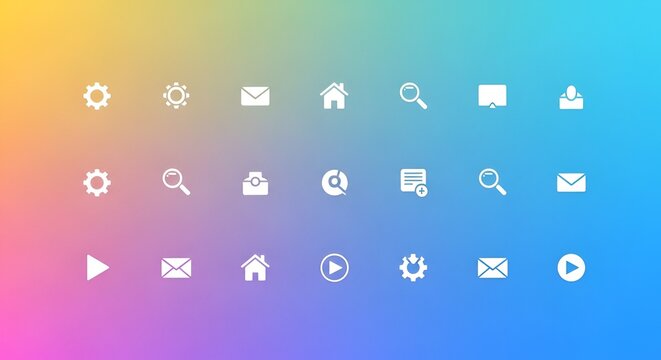 Collection of web interface icons on colorful background.