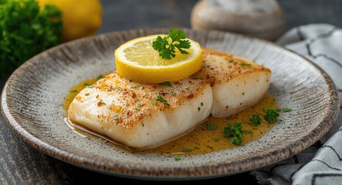 Icelandic haddock cooked and served with lemon and parsley embellishment