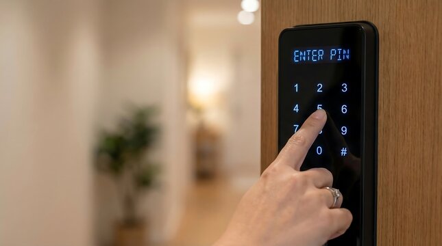 Female hand pressing numbers on a smart digital electronic door lock keypad to enter the security PIN code for access to a modern apartment room