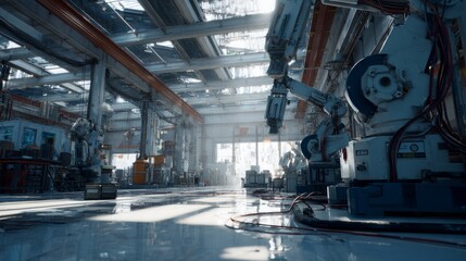 Obraz premium Modern Industrial Robotics in a Sunlit Manufacturing Facility