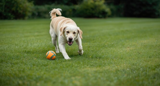 playful yellow Lab fetching a ball on lush lawn outdoors