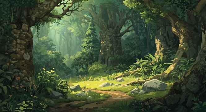 Detailed fantasy woodland environment visualized in realistic cartoon style game artwork