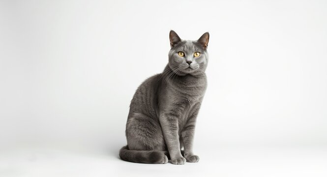 Elegant gray cat sitting solo on a clean white backdrop