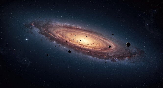 Detailed astronomical display of planets and swirling galaxy arms