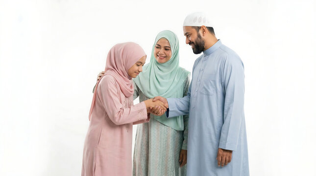 A Muslim family expresses joy and tradition by shaking hands on a special occasion
