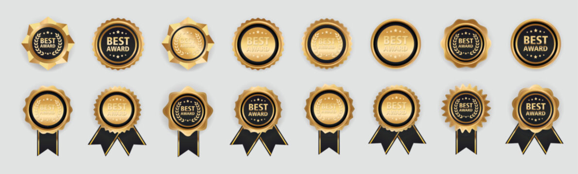 Collection of golden award badges and seals of excellence, premium quality, and recognition