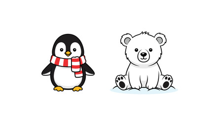 Fototapeta premium A cute cartoon penguin and polar bear sitting together on transparent background